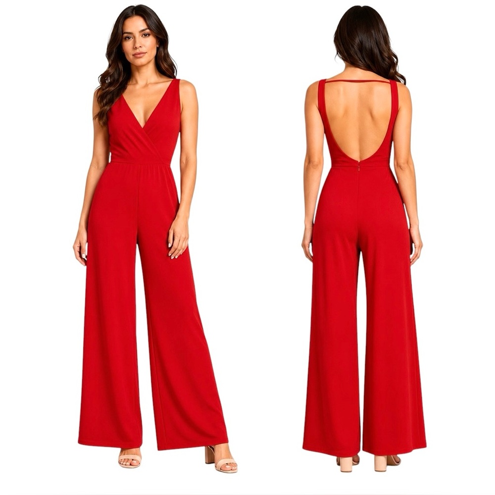 WAYF Red Wide Leg Jumpsuit NWT XL Open Back Deep V-Neck Statement Piece